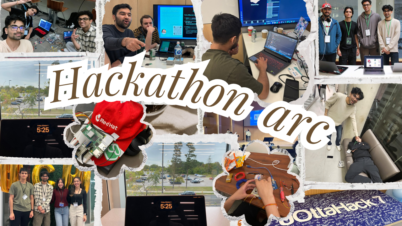 A collage of hackathon teams, coding sessions, hardware projects, and presentations